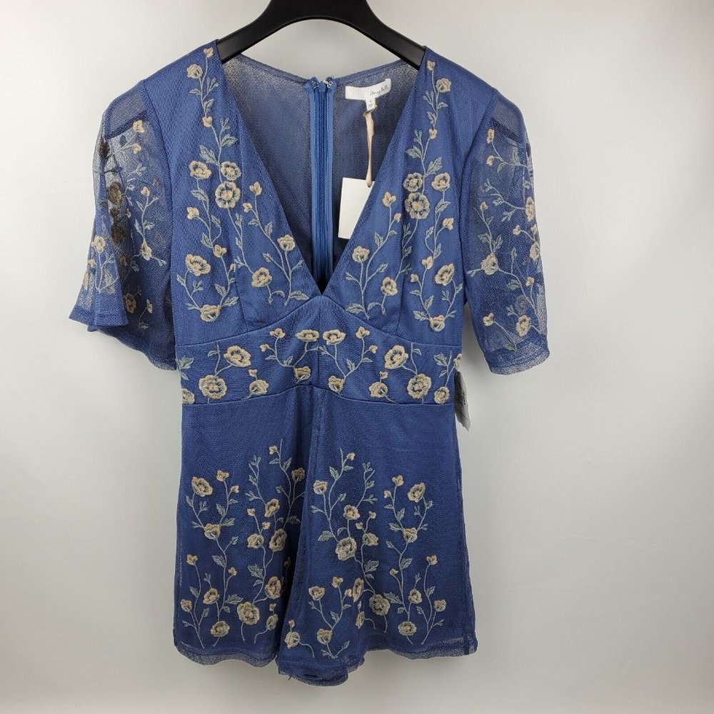 Honey Belle Short Sleeve Lace Lined V-Neck Romper Women's Large Blue Floral